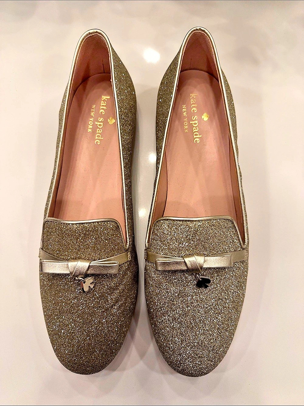 Kate Spade Glitter Bow Loafers in Gold New